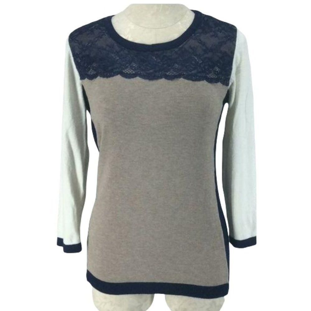 Hannah colorblock long sleeve medium lace sweater White blue tan‎ Rayon